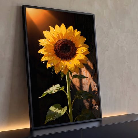 Girassol amarelo com gotas de orvalho iluminado por raio de sol em fundo escuro, quadro decorativo