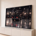 Quadro Decorativo Grande Garagem Industrial para Sala Preto | quadros decorativos para sala | Fastback preto de 1969 visto de trás em garagem industrial | Porao dos Quadros