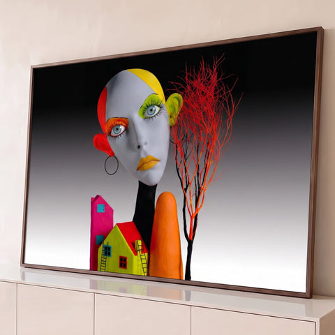 Rosto feminino esculpido com maquiagem neon, casinhas coloridas e árvore vermelha em degradê, quadro decorativo