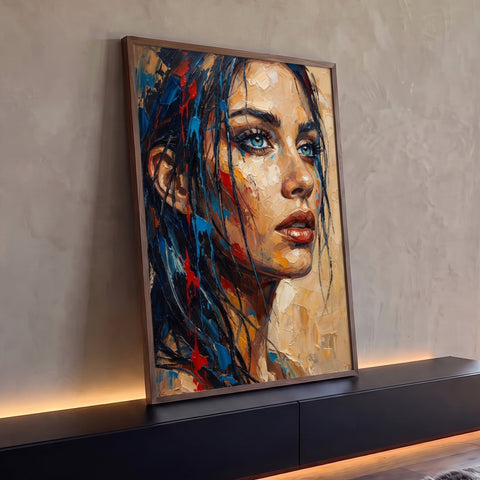 Rosto de mulher de olhos azuis em óleo com espátula, respingos azuis e vermelhos, quadro decorativo