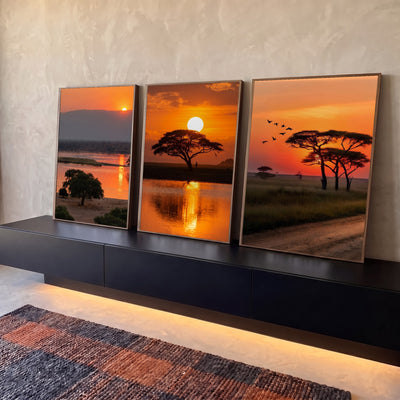 Quadro Decorativo Kit 3 Telas Pôr do Sol para Sala Laranja