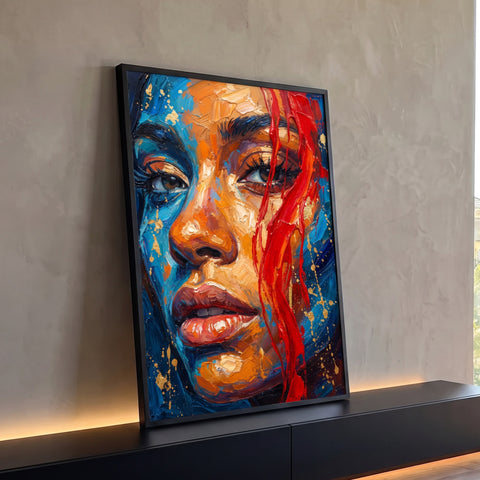 Rosto de mulher em espátula azul e laranja com tinta vermelha escorrida e respingo dourado, quadro decorativo
