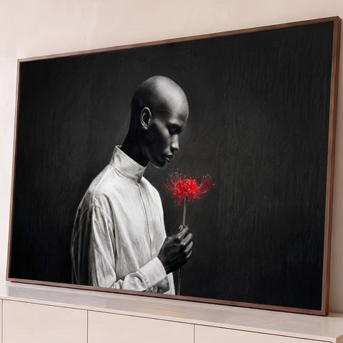 Homem negro de perfil com camisa branca segurando flor vermelha sobre fundo preto, quadro decorativo