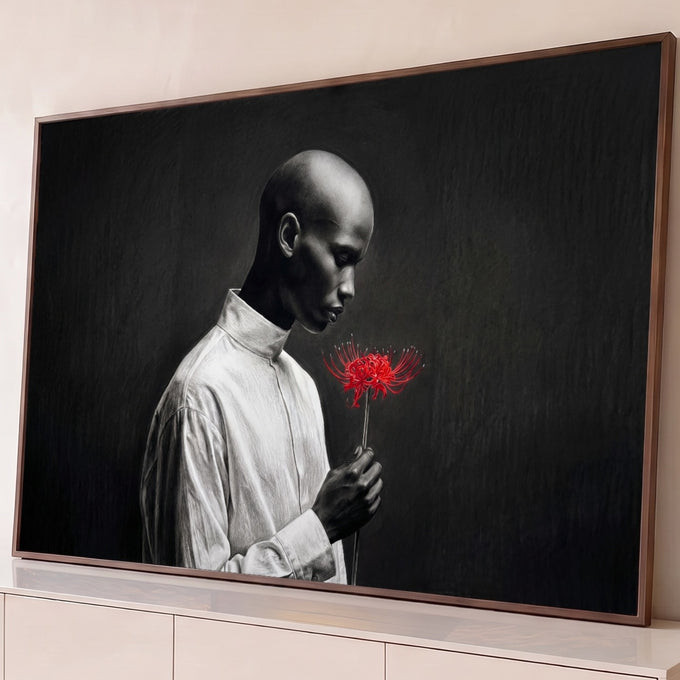 Homem negro de perfil com camisa branca segurando flor vermelha sobre fundo preto, quadro decorativo