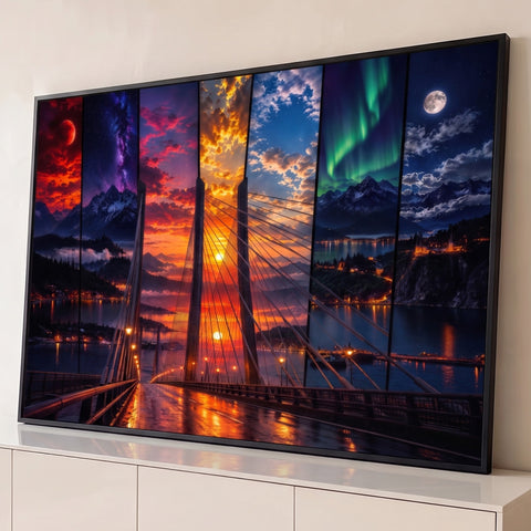 Ponte estaiada com céus de lua vermelha, via láctea, pôr do sol, aurora boreal e lua cheia, quadro decorativo