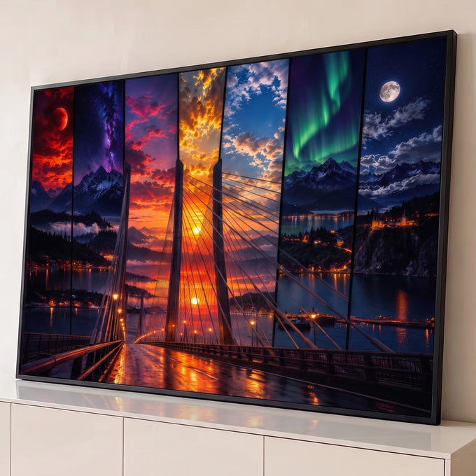 Quadro Decorativo Grande Ponte para Sala Laranja | quadros decorativos para sala | ponte estaiada com painéis mostrando céus diferentes, aurora, lua e pôr do sol | Porao dos Quadros