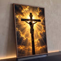Quadro Decorativo Grande Crucificação de Jesus para Sala | quadros decorativos para sala | Jesus Cristo crucificado sob nuvens escuras rasgadas por luz dourada intensa | Porao dos Quadros