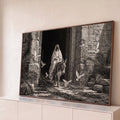 Jesus montado em jumento sob portão de pedra, com pombas brancas e folhas de palmeira, quadro decorativo