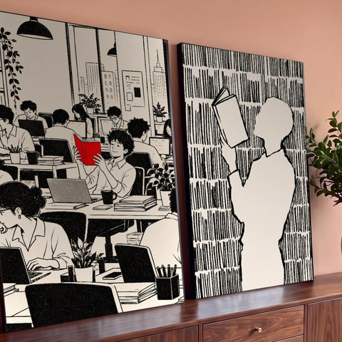 Quadro Decorativo Kit 2 Telas Silhueta Lendo para Escritório | quadros decorativos para sala | escritório ilustrado em preto e branco ao lado de silhueta lendo sobre fundo listrado | Porao dos Quadros