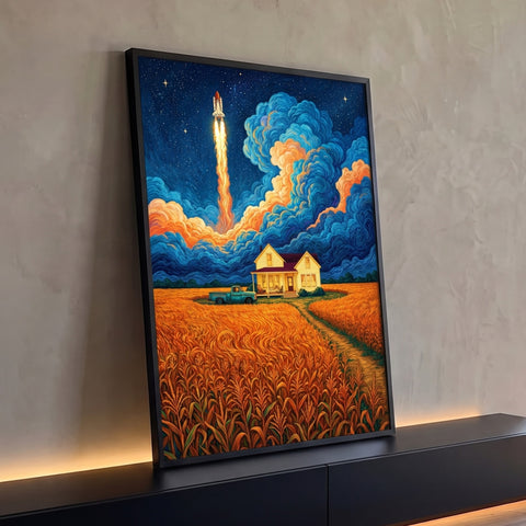 Casa de fazenda em campo de milho sob céu estrelado com nuvens azuis e foguete decolando, quadro decorativo