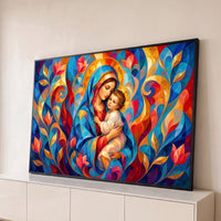 Quadro Decorativo Grande Nossa Senhora Flores para Sala Azul - Borda Infinita / 65x100cm