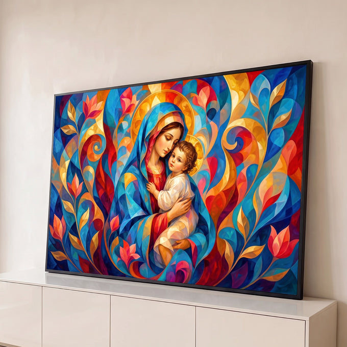 Nossa Senhora abraçando o Menino Jesus, com auréola dourada e flores estilizadas em azul e vermelho, quadro decorativo