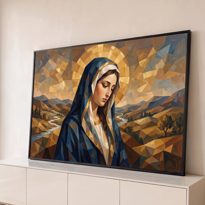 Nossa Senhora cubista de véu azul e auréola dourada sobre vale com rio, quadro decorativo