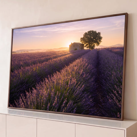 Quadro Decorativo Grande Paisagem Campo de Lavanda para Sala | quadros decorativos para sala | campo de lavanda roxo com casa de pedra e árvore ao nascer do sol | Porao dos Quadros