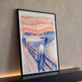 Quadro Decorativo Grande Grito de Edvard Laranja para Sala | quadros decorativos para sala | figura gritando em aquarela sobre ponte com céu laranja e mar azul | Porao dos Quadros