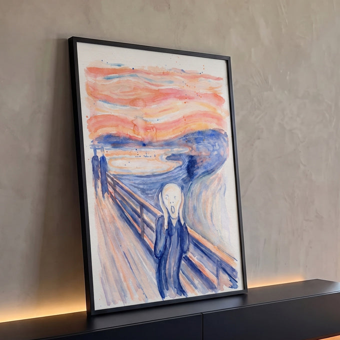 Quadro Decorativo Grande Grito de Edvard Laranja para Sala | quadros decorativos para sala | figura gritando em aquarela sobre ponte com céu laranja e mar azul | Porao dos Quadros
