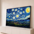 Céu em espirais azuis com estrelas e lua sobre vila e montanhas, estilo Van Gogh, quadro decorativo