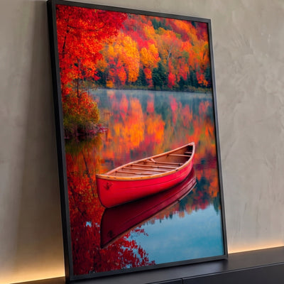 Quadro Decorativo Canoa Vermelha em Lago no Outono