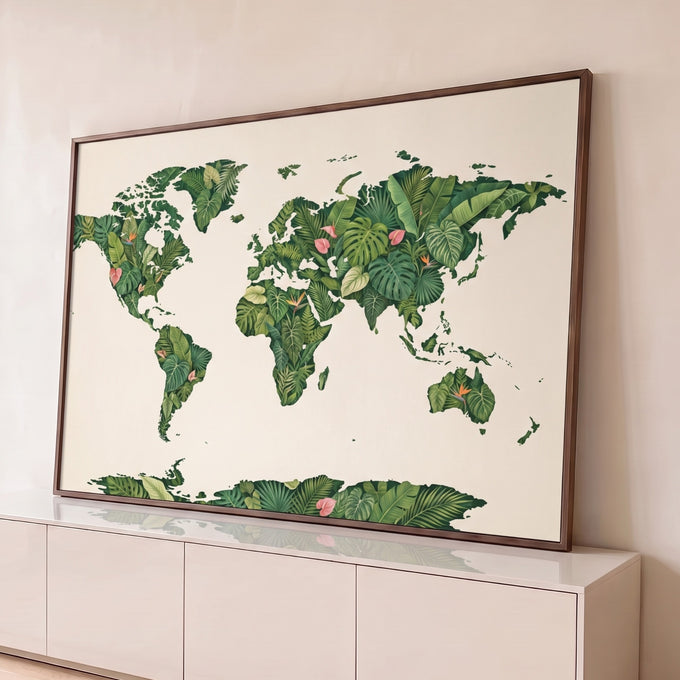 Quadro Decorativo Grande Mapa Mundi para Sala Verde | quadros decorativos para sala | mapa-múndi ilustrado com continentes formados por folhas tropicais verdes e flores coloridas | Porao dos Quadros