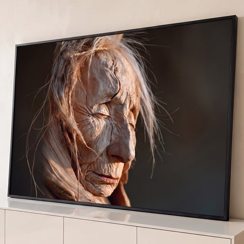 Rosto idoso esculpido em madeira com olhos fechados e cabelo de fibras sob luz quente, quadro decorativo