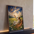 Quadro Decorativo Grande Jesus com Crianças para Sala Azul | quadros decorativos para sala | homem de túnica branca aponta para céu estrelado dourado ao lado de duas crianças num campo florido | Porao dos Quadros
