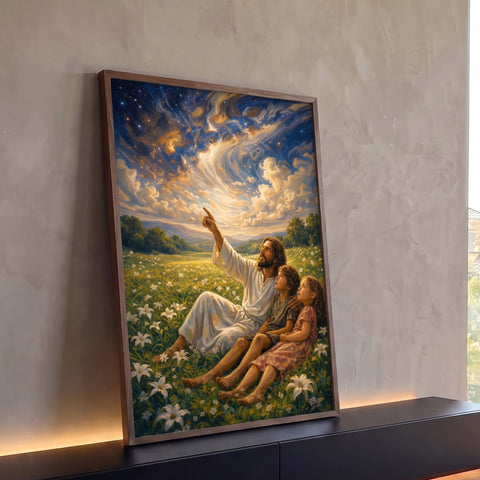 Jesus aponta o céu estrelado em espiral para duas crianças num campo de lírios brancos, quadro decorativo