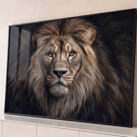 Retrato frontal de leão com juba volumosa castanha e olhos âmbar sobre fundo escuro, quadro decorativo
