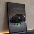 Quadro Decorativo Grande Pantera Negra e Carro para Sala | quadros decorativos para sala | pantera negra caminhando à frente de carro esportivo preto com faróis verde neon | Porao dos Quadros
