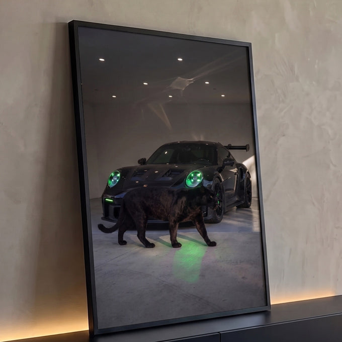 Quadro Decorativo Grande Pantera Negra e Carro para Sala | quadros decorativos para sala | pantera negra caminhando à frente de carro esportivo preto com faróis verde neon | Porao dos Quadros