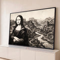 Mona Lisa em gravura a nanquim preto e branco com montanhas e rio sinuoso ao fundo, quadro decorativo