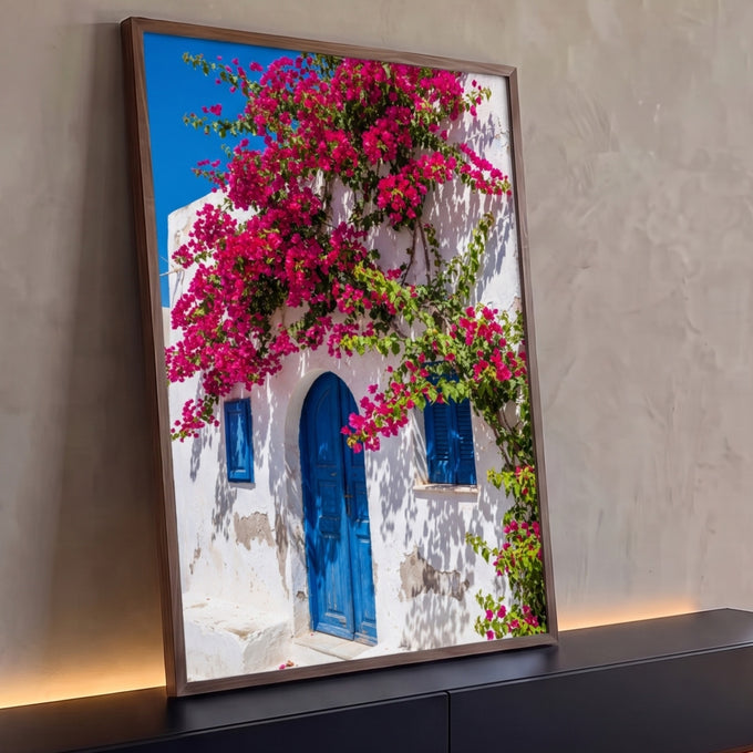 Quadro Decorativo Grande Casa para Sala Rosa | quadros decorativos para sala | casa branca com porta azul coberta por flores rosa-magenta de bougainville | Porao dos Quadros
