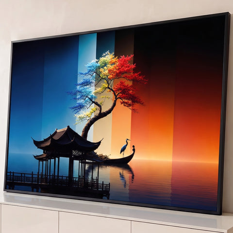 Árvore arco-íris ao lado de pagode oriental e garça em barco sobre lago, fundo azul e laranja, quadro decorativo