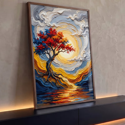 Quadro Decorativo Grande Árvore Sol Poente para Sala Dourado