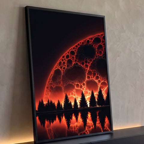 Planeta fractal laranja incandescente atrás de pinheiros em silhueta refletidos no lago, quadro decorativo