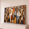 Quadro Decorativo Grande Rostos Cubistas para Sala Marrom | quadros decorativos para sala | rostos cubistas geométricos em tons terrosos com textura de madeira | Porao dos Quadros