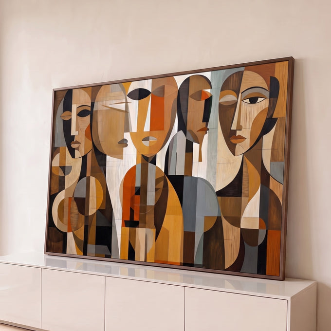 Quadro Decorativo Grande Rostos Cubistas para Sala Marrom | quadros decorativos para sala | rostos cubistas geométricos em tons terrosos com textura de madeira | Porao dos Quadros