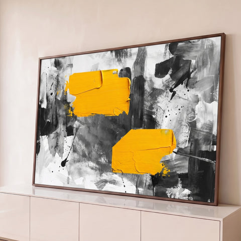 Pintura abstrata com dois blocos de tinta amarela sobre pinceladas cinza, pretas e brancas, quadro decorativo