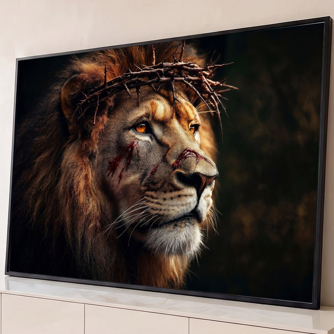 Leão de perfil com coroa de espinhos e marcas de sangue em fundo escuro, quadro decorativo