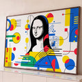 Mona Lisa em preto e branco com retícula e formas geométricas azuis, amarelas e vermelhas, quadro decorativo