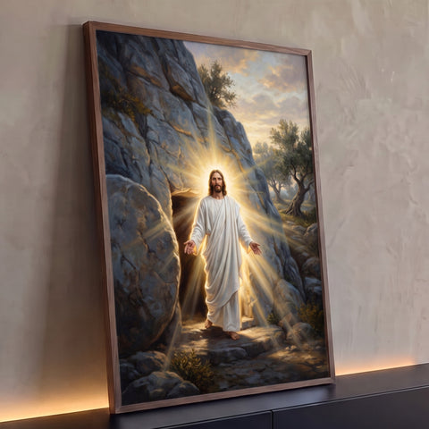 Quadro Decorativo Grande Jesus Ressuscitado para Sala Branco | quadros decorativos para sala | Jesus Cristo saindo do túmulo com luz dourada e manto branco | Porao dos Quadros