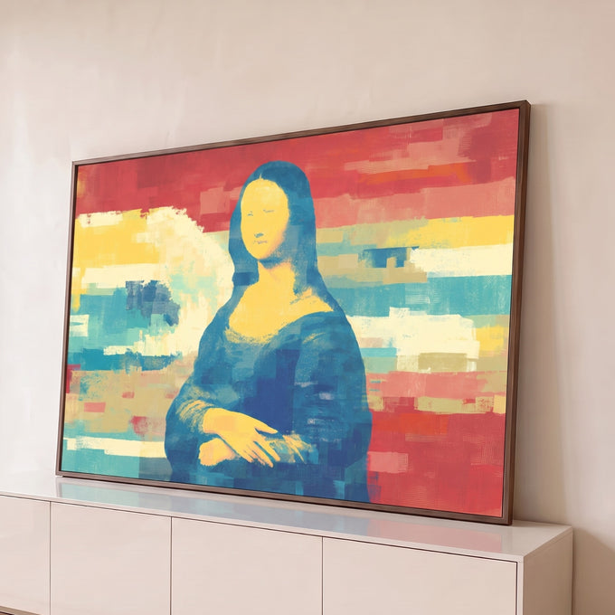 Mona Lisa em azul e amarelo sobre faixas vermelhas e azuis com efeito glitch, quadro decorativo