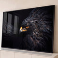 Quadro Decorativo Grande Águia de Olhar para Sala Preto | quadros decorativos para sala | retrato de águia com penas escuras despenteadas e olho laranja vibrante sobre fundo preto | Porao dos Quadros