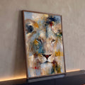 Quadro Decorativo Leão Abstrato em Tons Dourados e Azulados | quadros decorativos para sala | rosto de leão em pinceladas abstratas nos tons dourado, bege e azul-acinzentado | Porao dos Quadros