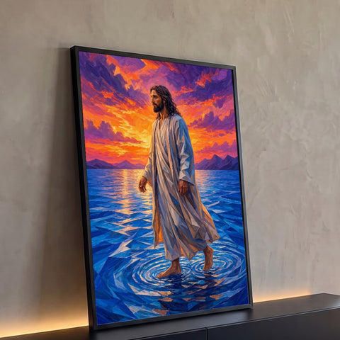 Quadro Decorativo Grande Jesus Milagre para Sala Azul | quadros decorativos para sala | Jesus de manto branco caminhando sobre mar azul sob céu laranja e roxo ao entardecer | Porao dos Quadros