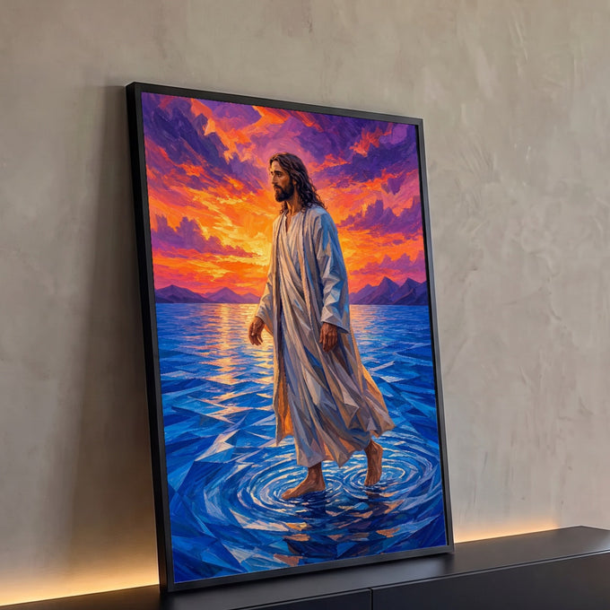 Quadro Decorativo Grande Jesus Milagre para Sala Azul | quadros decorativos para sala | Jesus de manto branco caminhando sobre mar azul sob céu laranja e roxo ao entardecer | Porao dos Quadros