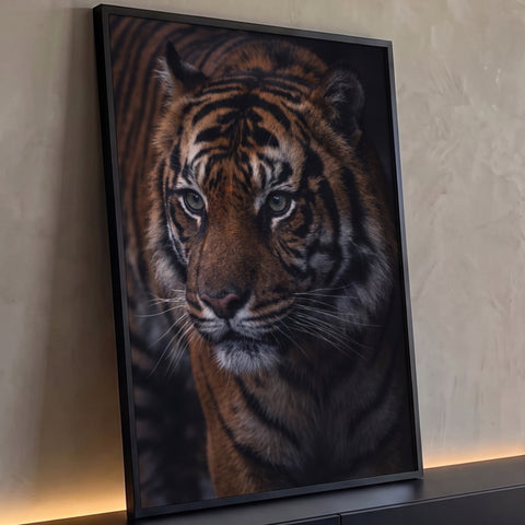 Tigre em close com olhos verdes, pelagem laranja listrada de preto e fundo escuro, quadro decorativo