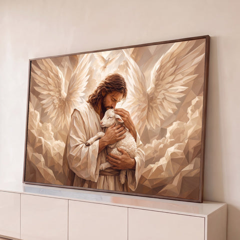 Jesus abraçando cordeiro com asas geométricas e pomba branca em tons bege, quadro decorativo
