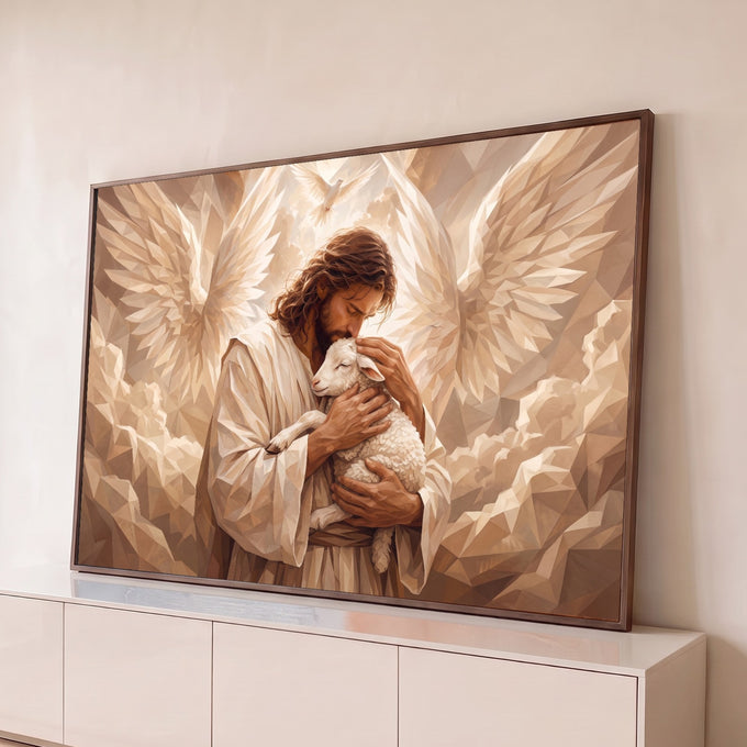 Quadro Decorativo Grande Homem com Asas para Sala Bege | quadros decorativos para sala | homem de manto bege abraçando cordeiro branco com asas geométricas e pomba ao fundo | Porao dos Quadros