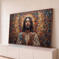 Jesus Cristo de olhos fechados e mãos abertas em mosaico de madeira colorido com halo, quadro decorativo