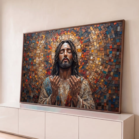 Jesus Cristo de olhos fechados e mãos abertas em mosaico de madeira colorido com halo, quadro decorativo
